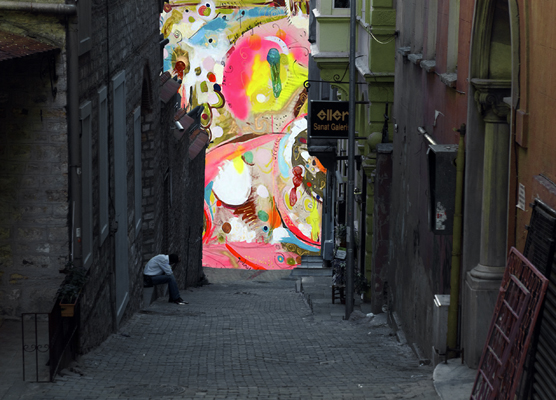 Collage photo of a street scene in Istanbul by Rusty Crump (photo) and Gulay Apay (painting)